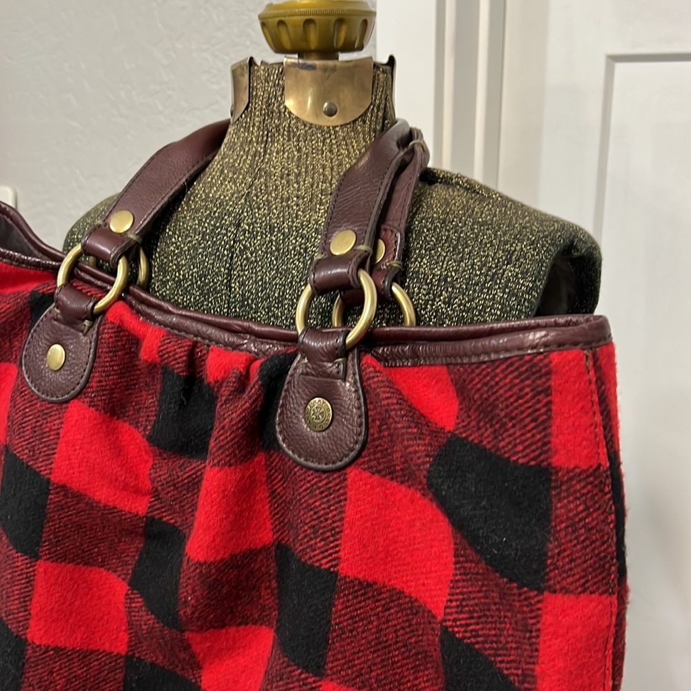Lucky Brand Buffalo Plaid Red Black Wool Cotton Leather Large Tote Shoulder Bag View 4